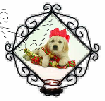 Christmas Golden Retriever Wrought Iron Wall Art Candle Holder