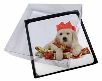 4x Christmas Golden Retriever Picture Table Coasters Set in Gift Box