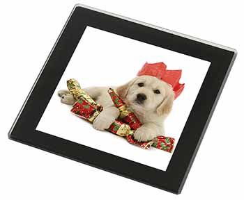 Christmas Golden Retriever Black Rim High Quality Glass Coaster