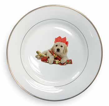 Christmas Golden Retriever Gold Rim Plate Printed Full Colour in Gift Box