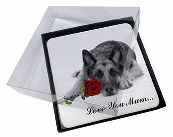 4x German Shepherd (B+W) Love You Mum Picture Table Coasters Set in Gift Box