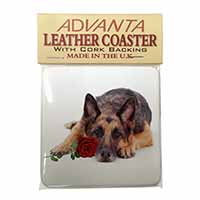 German Shepherd with Red Rose Single Leather Photo Coaster