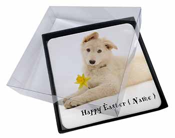 4x Personalised Name White Shepherd Picture Table Coasters Set in Gift Box