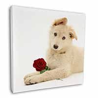 White German Shepherd with Rose Square Canvas 12"x12" Wall Art Picture Print