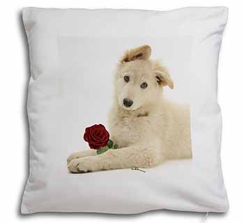 White German Shepherd with Rose Soft White Velvet Feel Scatter Cushion