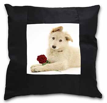 White German Shepherd with Rose Black Satin Feel Scatter Cushion