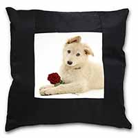 White German Shepherd with Rose Black Satin Feel Scatter Cushion