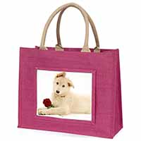 White German Shepherd with Rose Large Pink Jute Shopping Bag