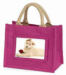 White German Shepherd with Rose Little Girls Small Pink Jute Shopping Bag