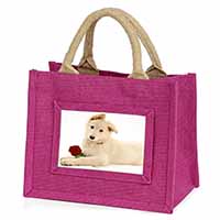 White German Shepherd with Rose Little Girls Small Pink Jute Shopping Bag