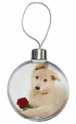 White German Shepherd with Rose Christmas Bauble