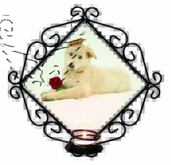 White German Shepherd with Rose Wrought Iron Wall Art Candle Holder
