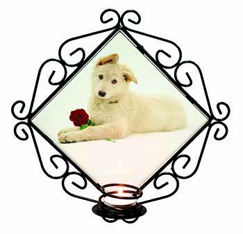 White German Shepherd with Rose Wrought Iron Wall Art Candle Holder