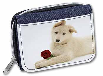 White German Shepherd with Rose Unisex Denim Purse Wallet