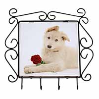 White German Shepherd with Rose Wrought Iron Key Holder Hooks