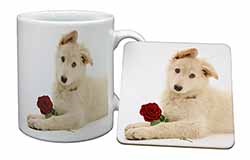 White German Shepherd with Rose Mug and Coaster Set