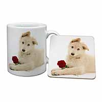 White German Shepherd with Rose Mug and Coaster Set