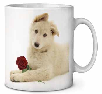 White German Shepherd with Rose Ceramic Coffee Mug/Tea Cup