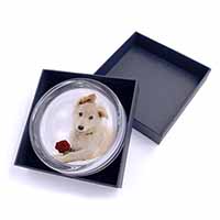White German Shepherd with Rose Glass Paperweight in Gift Box