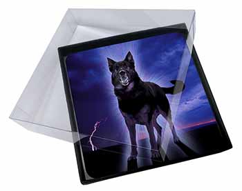 4x Black Night German Shepherd Dog Picture Table Coasters Set in Gift Box