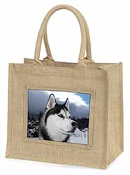Siberian Husky Dog Natural/Beige Jute Large Shopping Bag