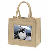 Siberian Husky Dog Natural/Beige Jute Large Shopping Bag