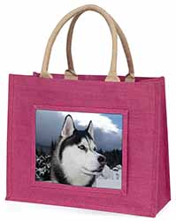 Siberian Husky Dog Large Pink Jute Shopping Bag