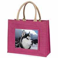 Siberian Husky Dog Large Pink Jute Shopping Bag