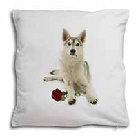 Utonagan Dog with Red Rose Soft White Velvet Feel Scatter Cushion