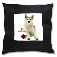 Utonagan Dog with Red Rose Black Satin Feel Scatter Cushion