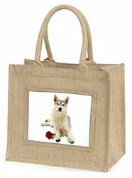 Utonagan Dog with Red Rose Natural/Beige Jute Large Shopping Bag