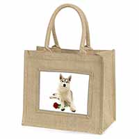 Utonagan Dog with Red Rose Natural/Beige Jute Large Shopping Bag