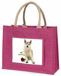 Utonagan Dog with Red Rose Large Pink Jute Shopping Bag