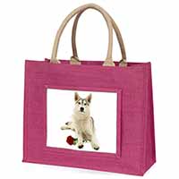 Utonagan Dog with Red Rose Large Pink Jute Shopping Bag