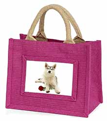 Utonagan Dog with Red Rose Little Girls Small Pink Jute Shopping Bag