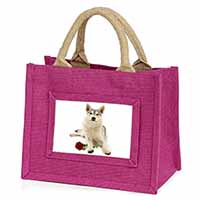 Utonagan Dog with Red Rose Little Girls Small Pink Jute Shopping Bag