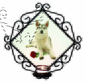 Utonagan Dog with Red Rose Wrought Iron Wall Art Candle Holder
