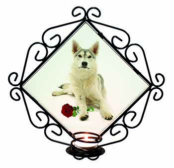 Utonagan Dog with Red Rose Wrought Iron Wall Art Candle Holder