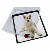 4x Utonagan Dog with Red Rose Picture Table Coasters Set in Gift Box