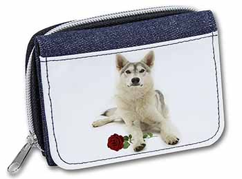 Utonagan Dog with Red Rose Unisex Denim Purse Wallet