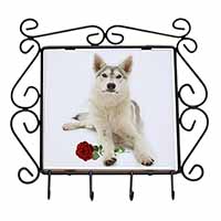 Utonagan Dog with Red Rose Wrought Iron Key Holder Hooks