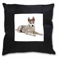 Siberian Husky Puppy Black Satin Feel Scatter Cushion