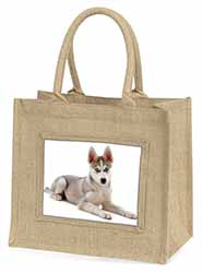 Siberian Husky Puppy Natural/Beige Jute Large Shopping Bag