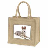 Siberian Husky Puppy Natural/Beige Jute Large Shopping Bag