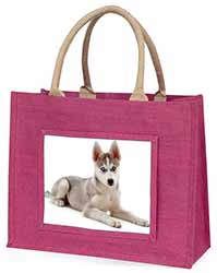 Siberian Husky Puppy Large Pink Jute Shopping Bag