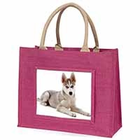 Siberian Husky Puppy Large Pink Jute Shopping Bag