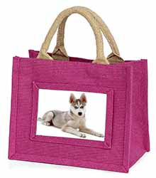 Siberian Husky Puppy Little Girls Small Pink Jute Shopping Bag