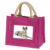 Siberian Husky Puppy Little Girls Small Pink Jute Shopping Bag