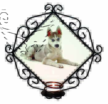 Siberian Husky Puppy Wrought Iron Wall Art Candle Holder