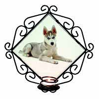 Siberian Husky Puppy Wrought Iron Wall Art Candle Holder